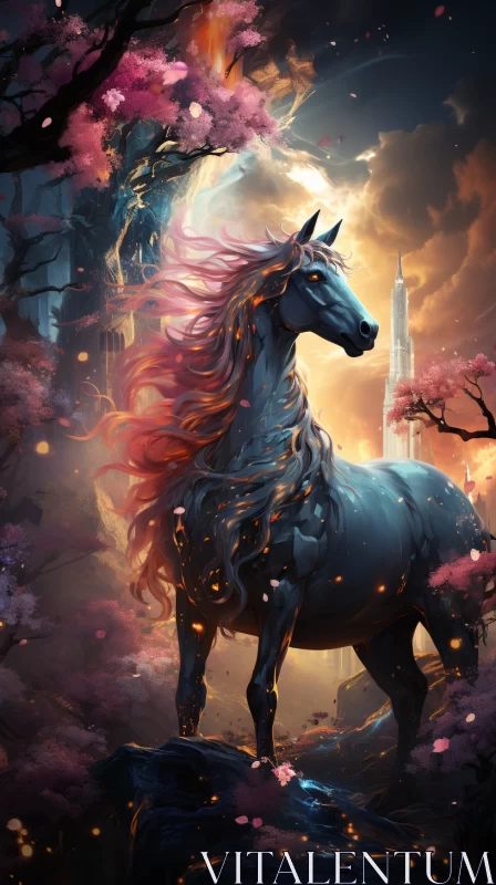 Fantasy Horse Amidst Blooms and Cityscape AI Image