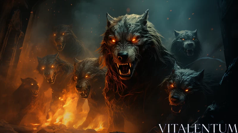 Fiery Wolves and Manticore in a Dark Room AI Image