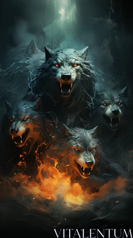 Flaming Wolves: A Dark Fantasy Illustration AI Image