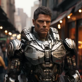 Futuristic Armor in the City: A Man's Heroic Pose AI Image