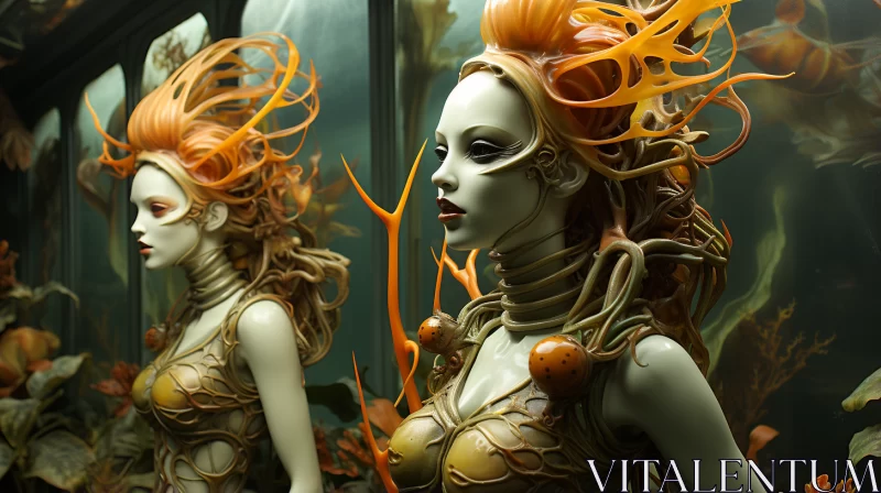 Surreal Science Fiction: Vine-Adorned Mannequins in Aquarium AI Image