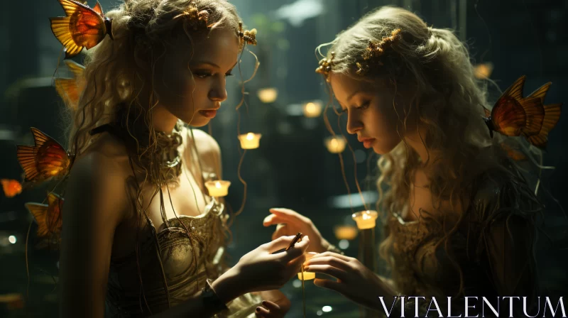 Gold Attired Women in a Mirrored Realm - A Medieval Fantasy AI Image