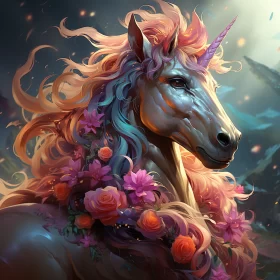 Enchanting Unicorn Adorned with Flowers - Cartoon Fantasy Art AI Image