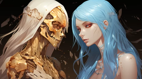 Fantasy Anime Art: A Study in Gold, Cyan, and Skeletal Themes