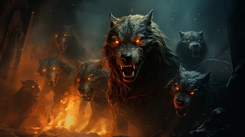 Fiery Wolves and Manticore in a Dark Room AI Image