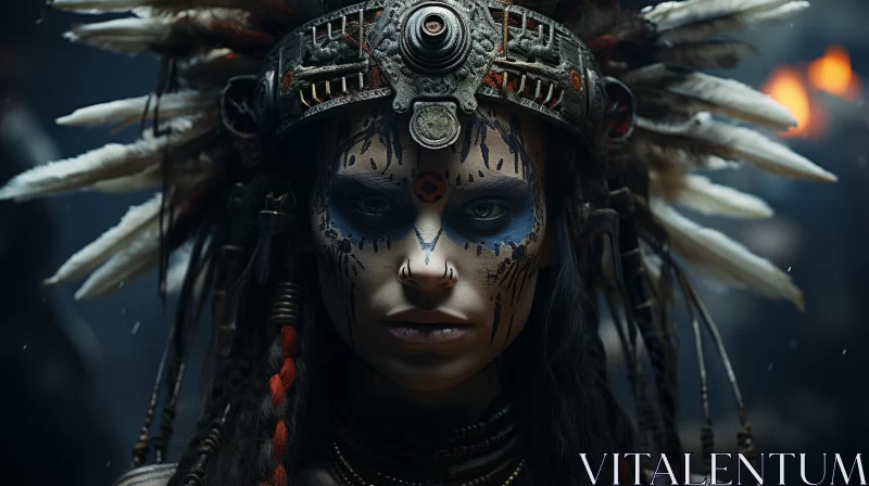 Native Woman in Feathered Headdress: A Captivating Tribal Portrayal AI Image