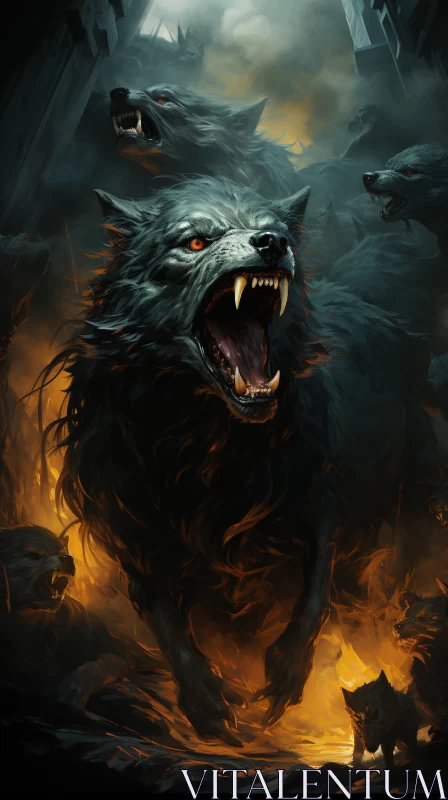 Wolf Amidst Fire: A Dark Forest Battle AI Image