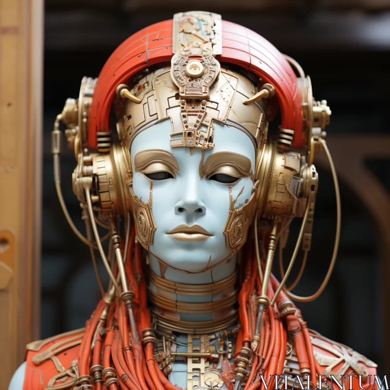 Gold-Headed Mannequin in Retro-Futuristic Cyberpunk Style AI Image