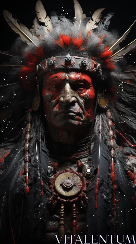American Indian Chief in Red and Black Feathers AI Image