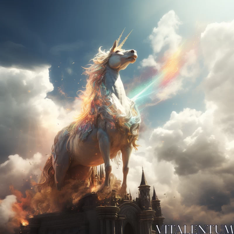 Surreal Unicorn and Flaming Castle - A Visionary Artwork AI Image