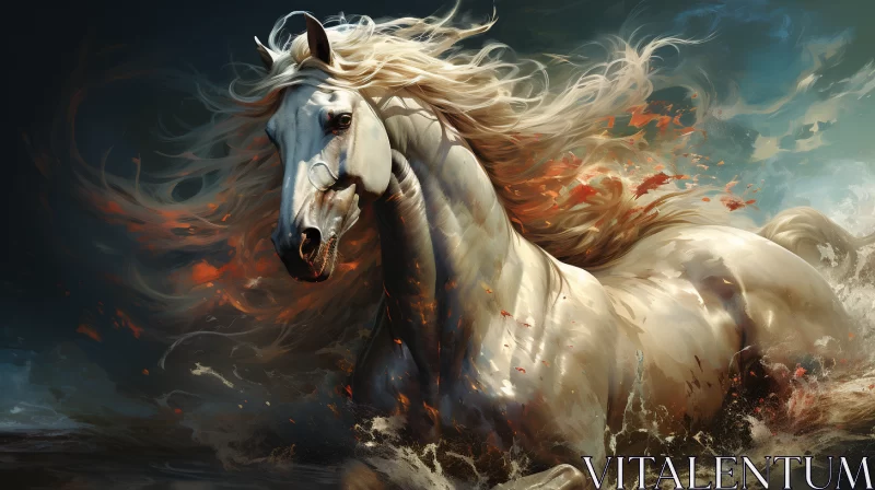 White Horse in Water - Intense Illustrated Artwork AI Image