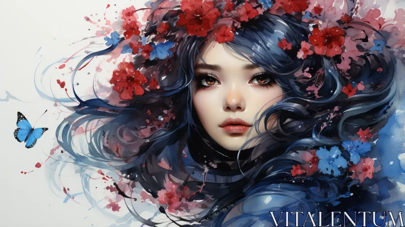 Fantasy Anime Girl with Blue Hair and Floral Adornments AI Image