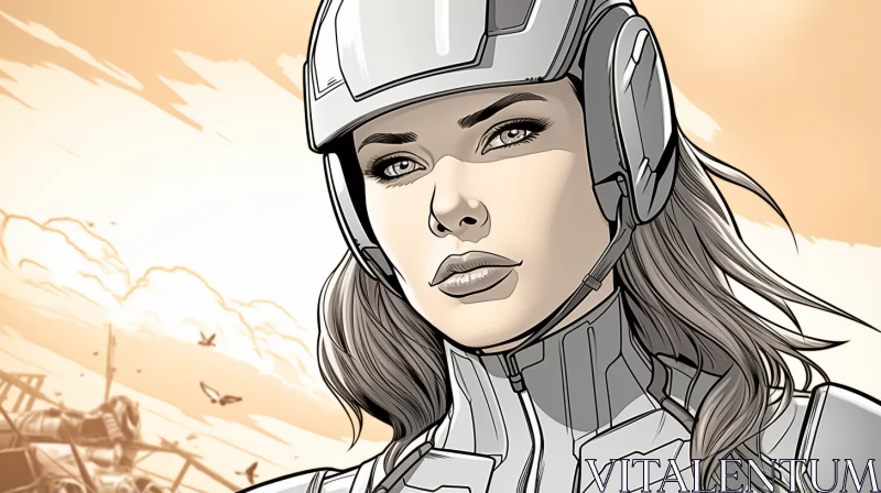 Futuristic Comic Art - Woman in Military Scene with Avian Elements AI Image