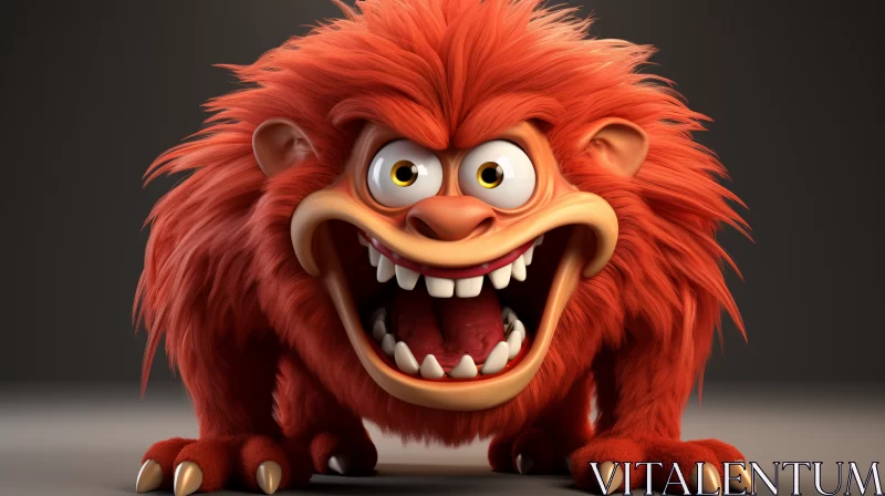3D Rendered Red Monkey-Like Creature with Tusks AI Image