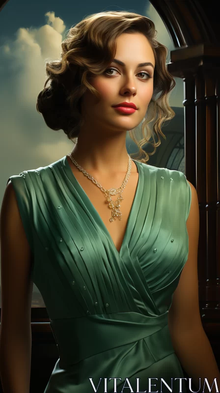 Elegant Woman in Green Dress: A Blend of Modern Aesthetics and Retro Glamor AI Image