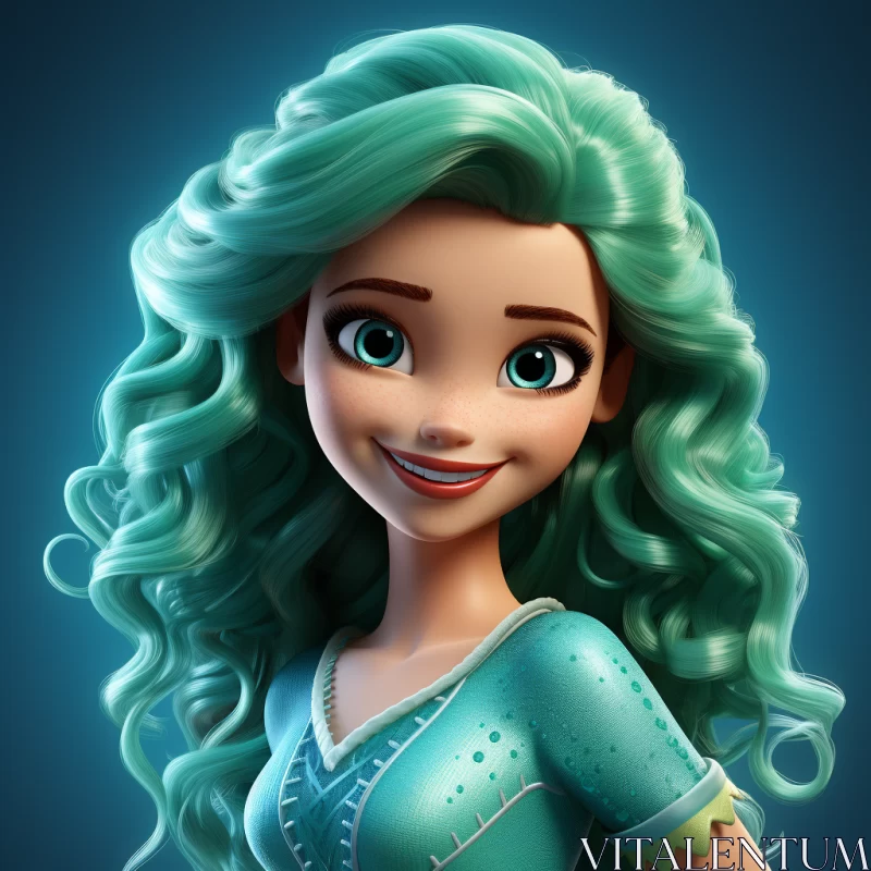 Blue-haired Princess in Cartoon Realism with Volumetric Lighting AI Image