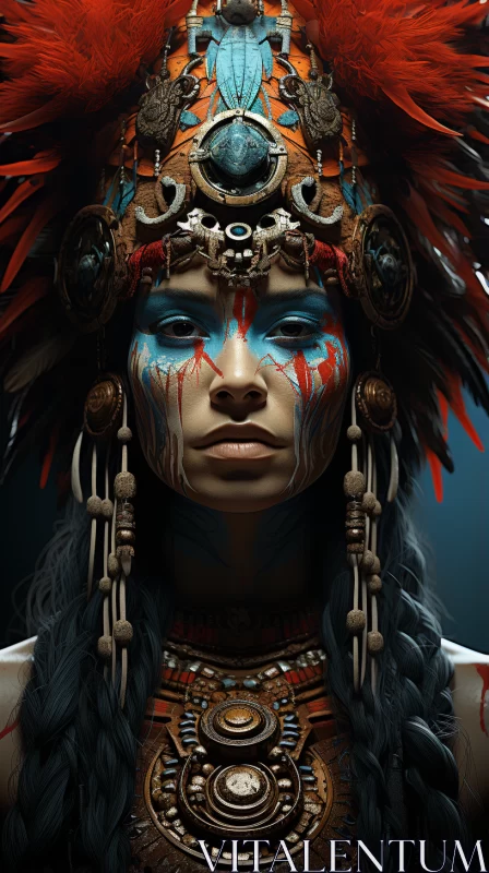 Captivating Woman in Warrior Headdress and Native Feathers AI Image