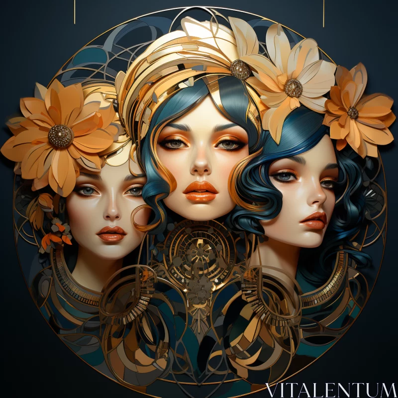 Golden Age Illustration of Women in Luxurious Geometry AI Image