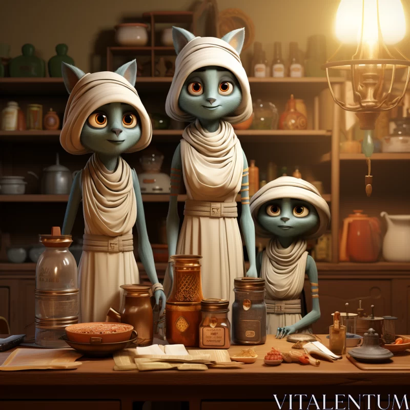 Whimsical Animated Cats in Sci-Fi Baroque Kitchen Scene AI Image