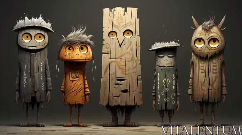 Earthy Expression through Wooden Cartoon Characters AI Image