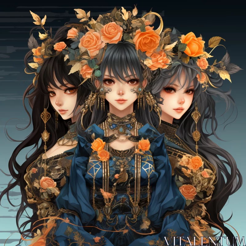 Gothic-Influenced Anime Art: Three Chinese Women with Flowers AI Image