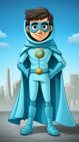 Cartoon Superhero in Blue Suit Against City Background