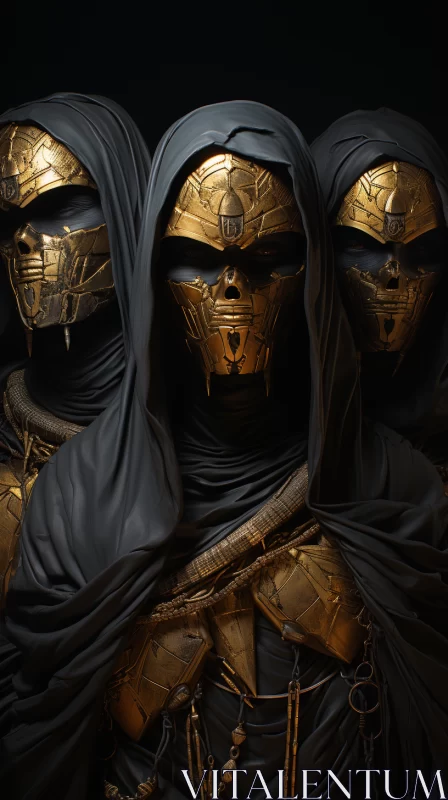 Mysterious Hooded Figures in Gold Armor and Metal Skulls AI Image