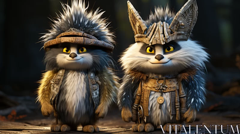 Fantasy Cartoon Cats in Elaborate Costumes in a Forest AI Image