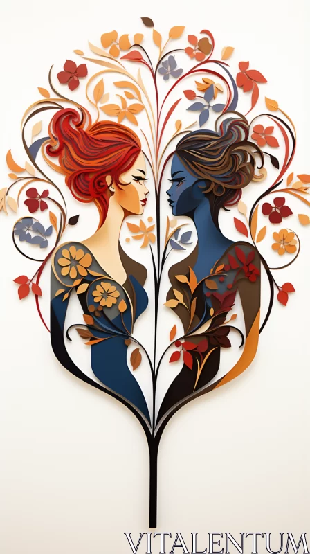 Paper Artistry: Two Women amidst Floral Tree AI Image