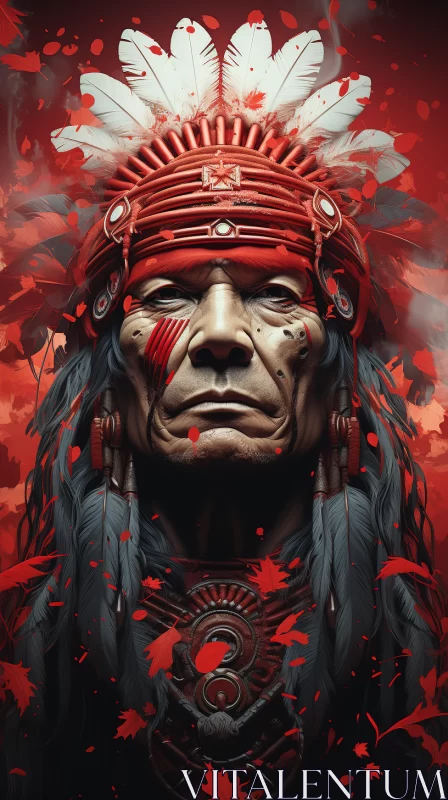 Native American Chief Portrait in Striking Red Tones AI Image