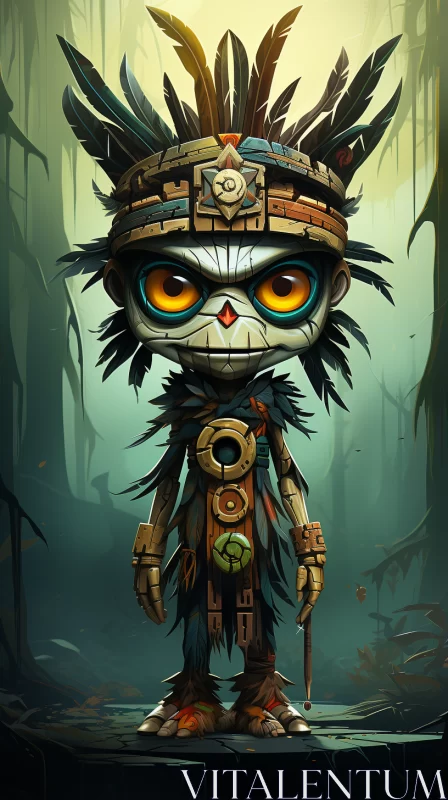 Mysterious Cartoon Character in Jungle with Aztec Influences AI Image