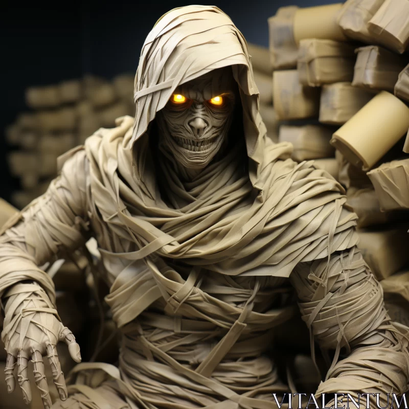Mysterious Mummy Statue with Glowing Eyes amid Cardboard Chaos AI Image