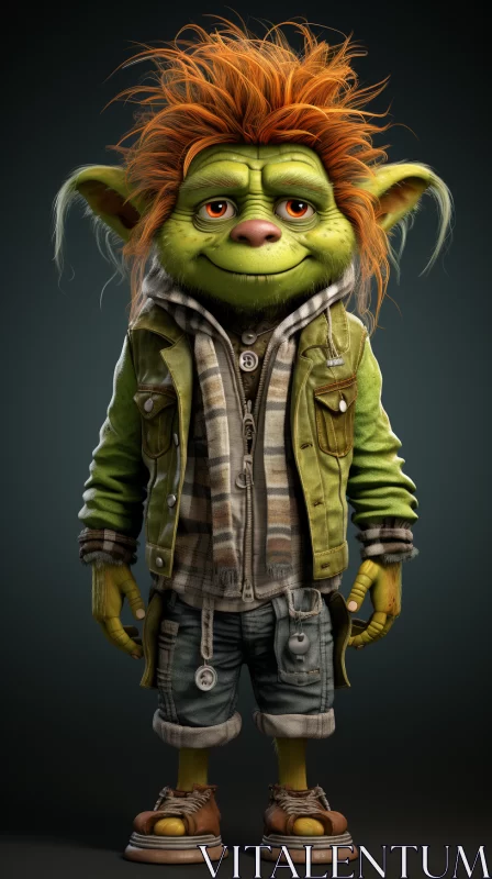 Green Troll in Red Fur Coat: A Photorealistic Wildstyle Rendering AI Image