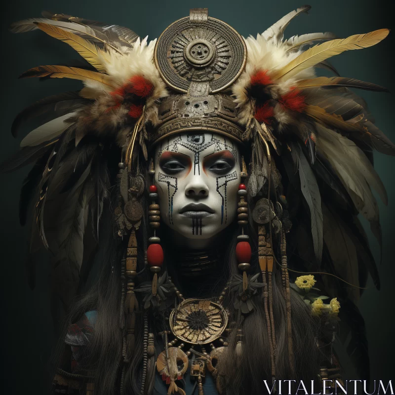 Indigenous Woman in Detailed Feather Headdress - Art Print AI Image