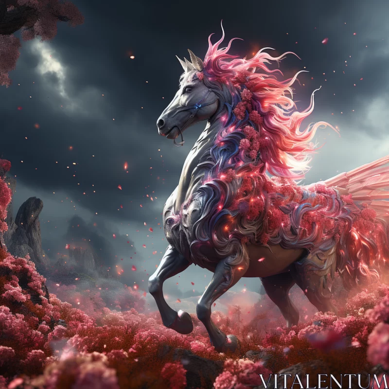 Silver Unicorn Amidst Magenta Flowers - A Fantastical Illustration AI Image