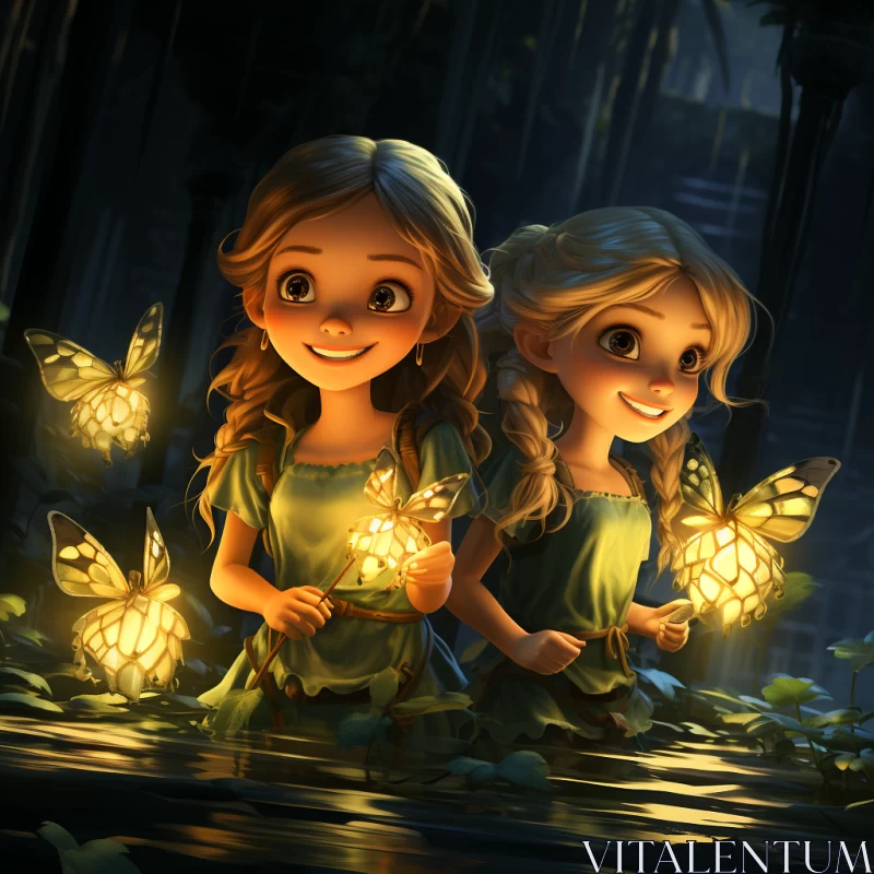 Enchanting Illustration of Girls with Lanterns on a Pond AI Image