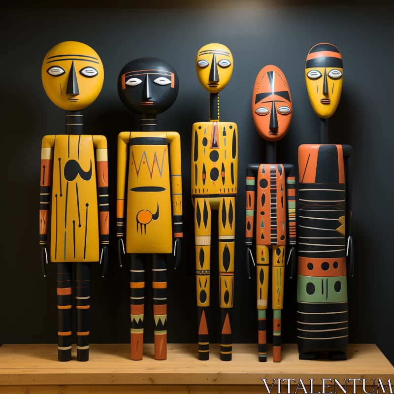 Expressive Wooden Figures in Dark Yellow and Black AI Image