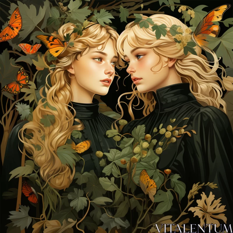 Enchanting Women with Butterfly Wings: A Darkly Romantic Illustration AI Image