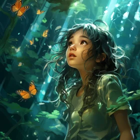 Girl in Forest with Butterflies - Children's Book Style Illustration AI Image