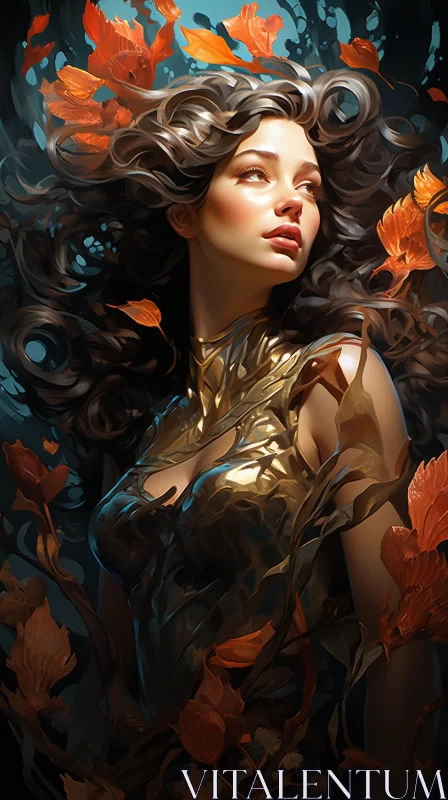 Golden Lady Amidst Foliage - A Storybook Illustration AI Image