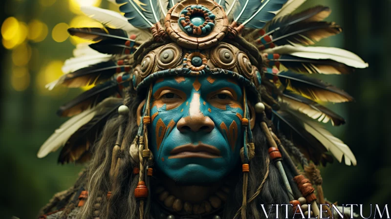 Native American Portrait in Blue Paint and Feathers AI Image