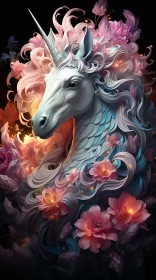 Enchanting Unicorn Surrounded by Floral Artistry AI Image