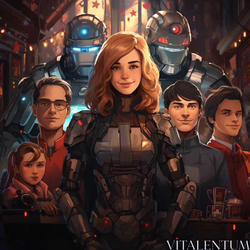 Futuristic Tavern Scene with Robot and Sci-Fi Characters AI Image