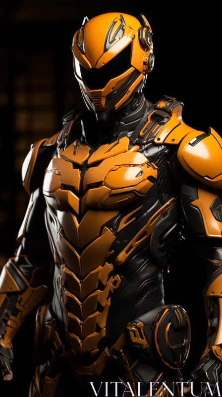 Orange and Black Superhero Armor in a Dark Hallway AI Image