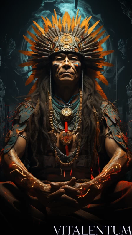 Meditating Native American Chief Portrait - A Blend of Tradition and Modernity AI Image