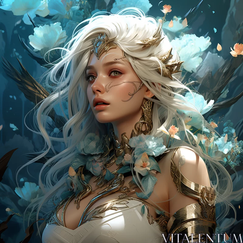 White Haired Warrior Woman Adorned with Flowers AI Image