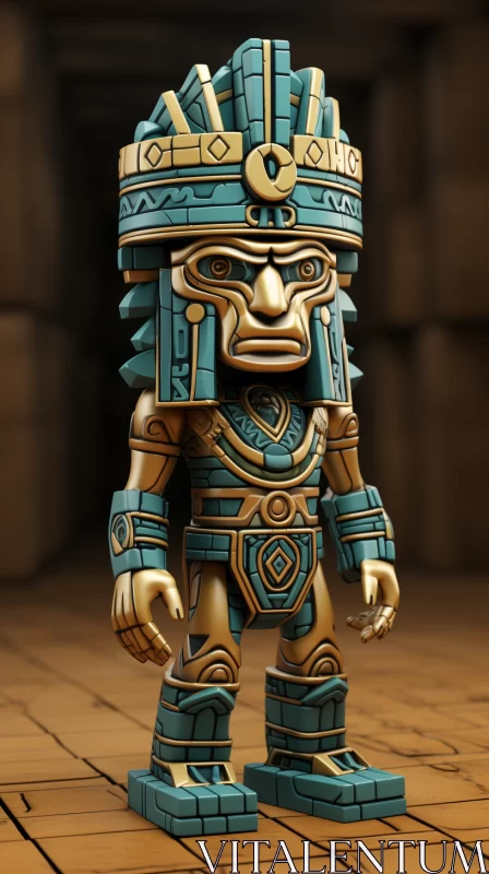 Gold and Blue Aztec Figure with Intricate Woodwork AI Image