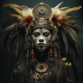 Indigenous Woman in Detailed Feather Headdress - Art Print