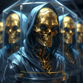 Futuristic Golden Skeletons in Acrylic Display AI Image