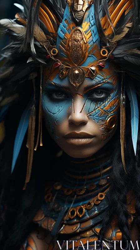 Intricate Feathered Makeup and Detailed Costume in Aztec Style AI Image